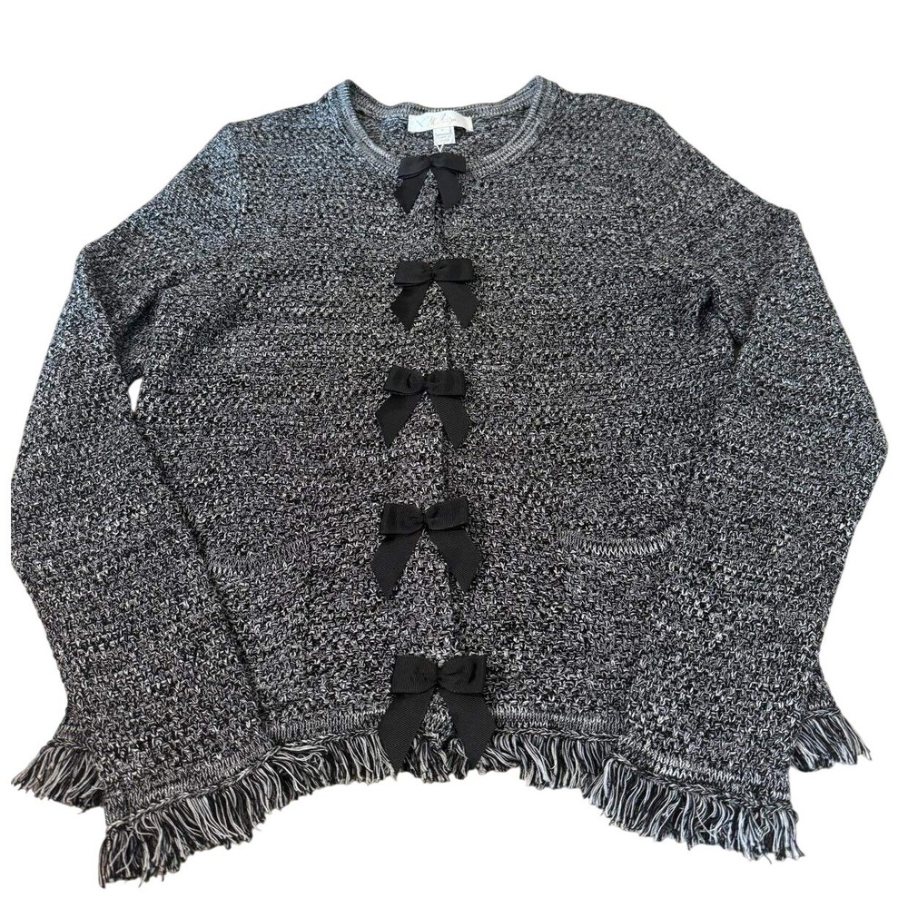 Lilly Pulitzer Kelso Cardigan Black Marl Bow Fringe Knit Sweater Size L NWT $198